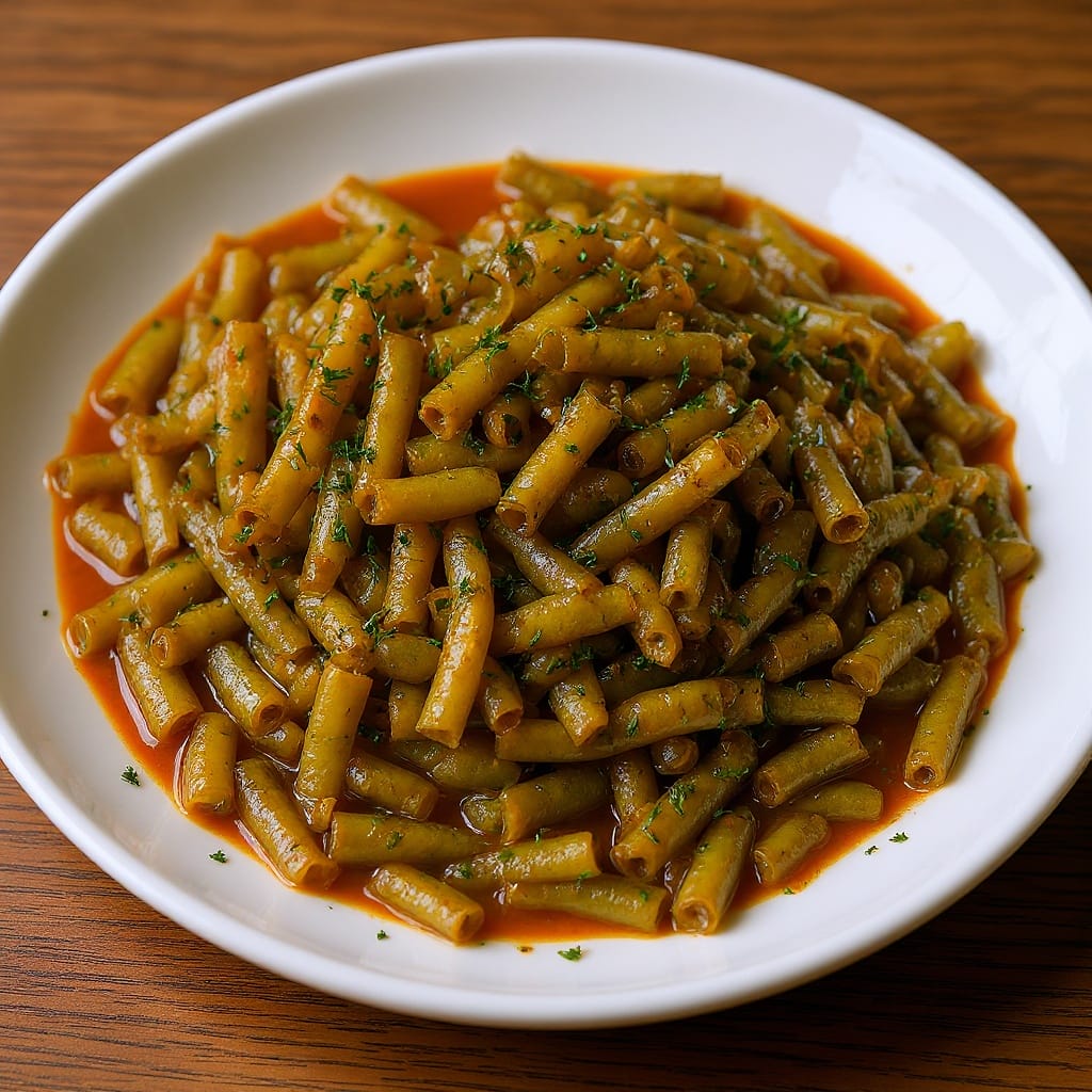 Tender green beans stewed in a savory tomato sauce, a classic side dish from Aladdin Mediterranean catering in Houston.