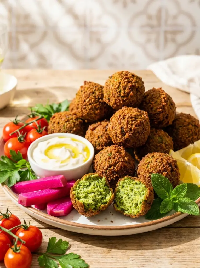 Crispy golden falafel with a bright green herb interior, pink pickled turnips, toum and lemon