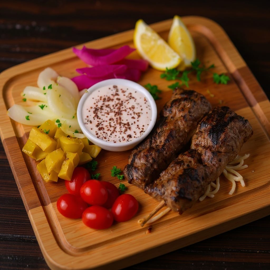 Grilled kafta kabob platter with dipping sauce, tomatoes, and pickles from Aladdin Mediterranean catering Houston.