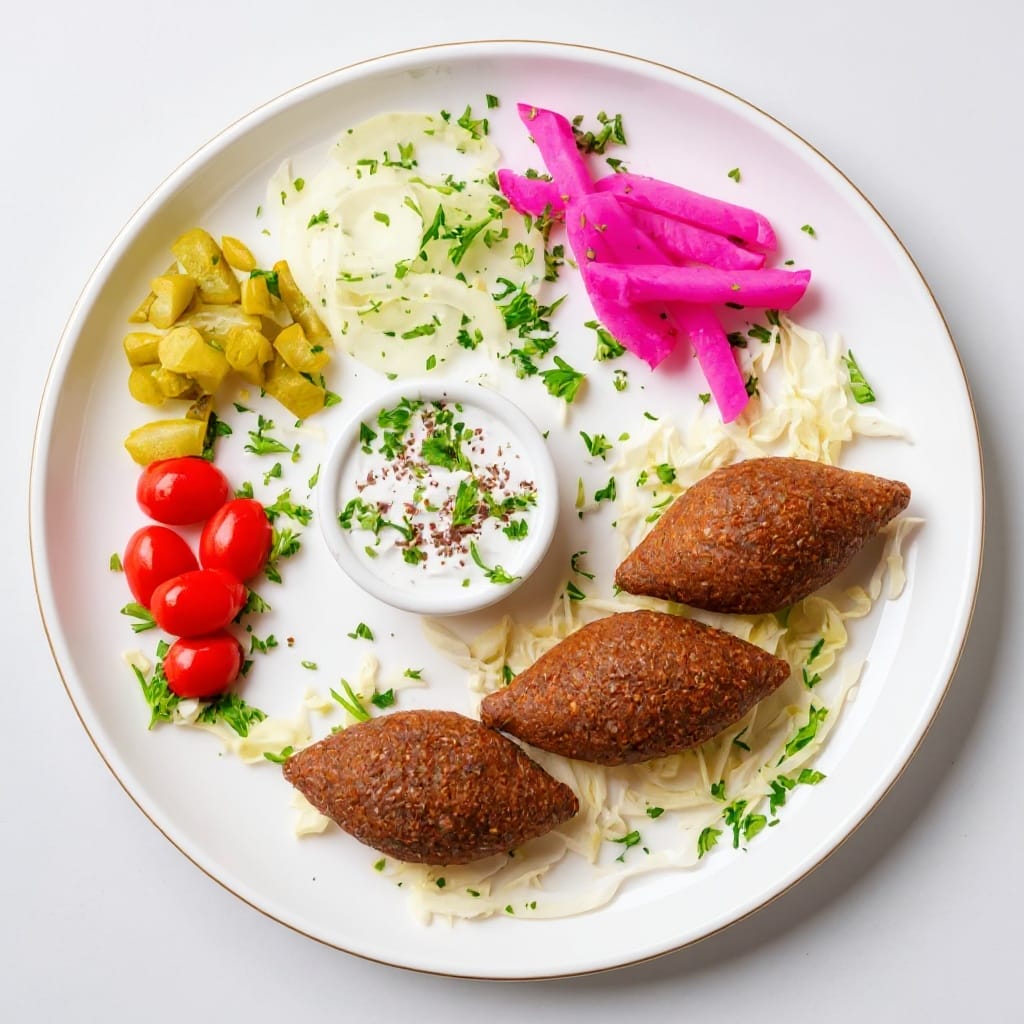A platter of fried kibbeh with yogurt sauce, pickled turnips, and vegetables from Aladdin Mediterranean catering Houston.
