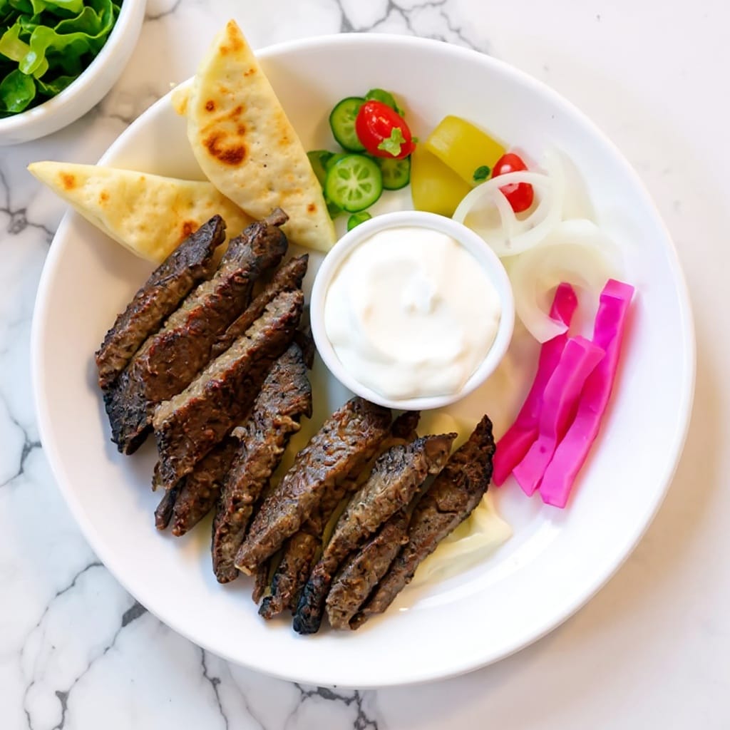 A delicious lamb gyro plate with pita, tzatziki, and fresh sides from Aladdin Mediterranean catering Houston.