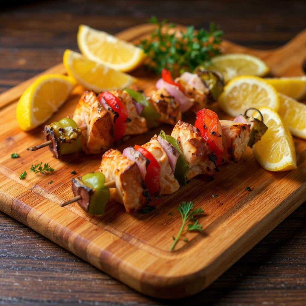 Grilled chicken kabobs with fresh peppers and onions on a wooden board. Aladdin Mediterranean catering Houston.