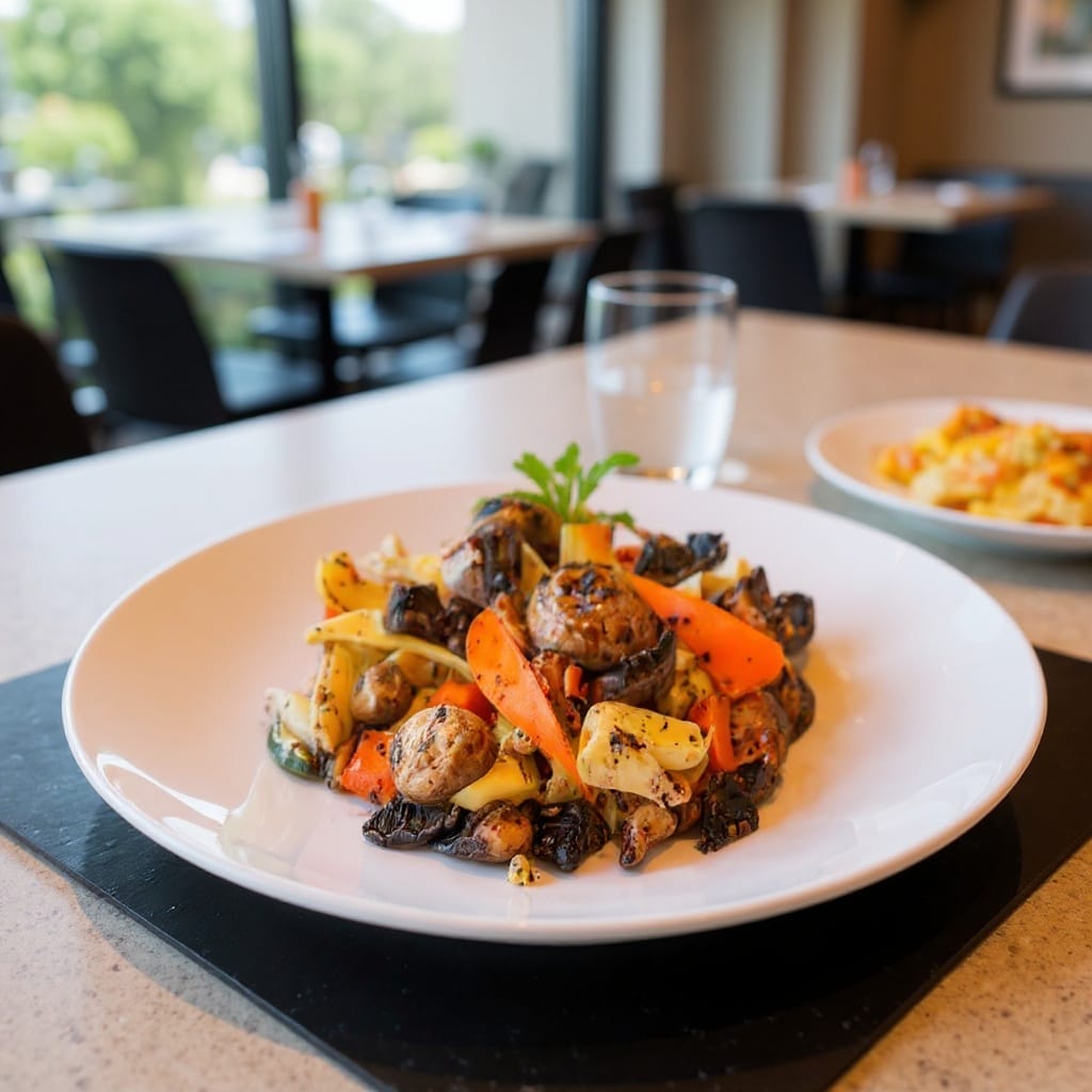 A grilled mushroom and artichoke salad with roasted vegetables on a white plate from Aladdin Mediterranean catering Houston.