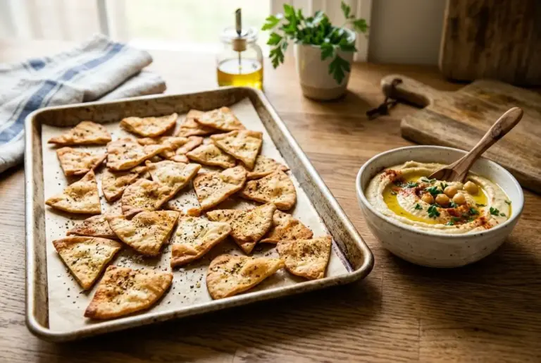 Golden baked pita chips seasoned with za'atar on a parchment-lined sheet pan beside a bowl of hummus.