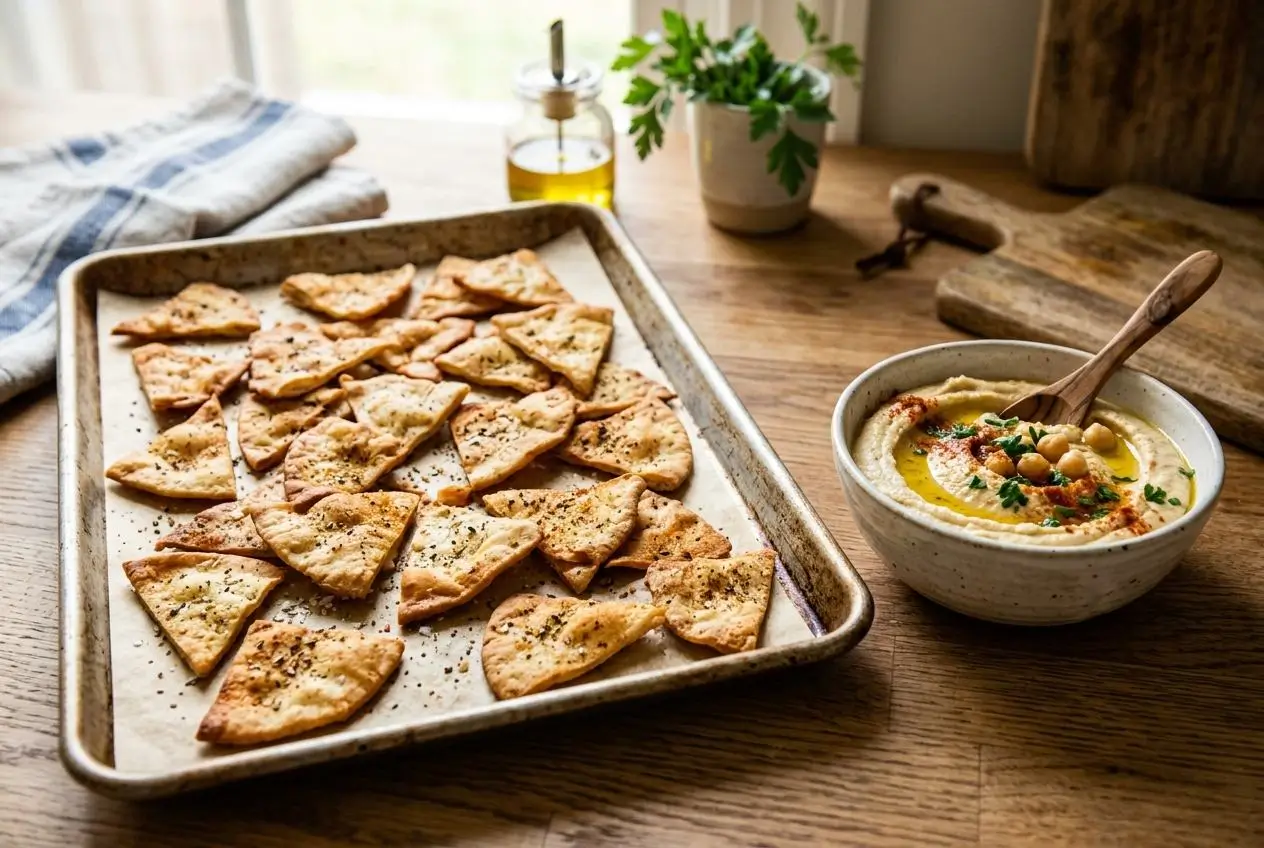Golden baked pita chips seasoned with za'atar on a parchment-lined sheet pan beside a bowl of hummus.