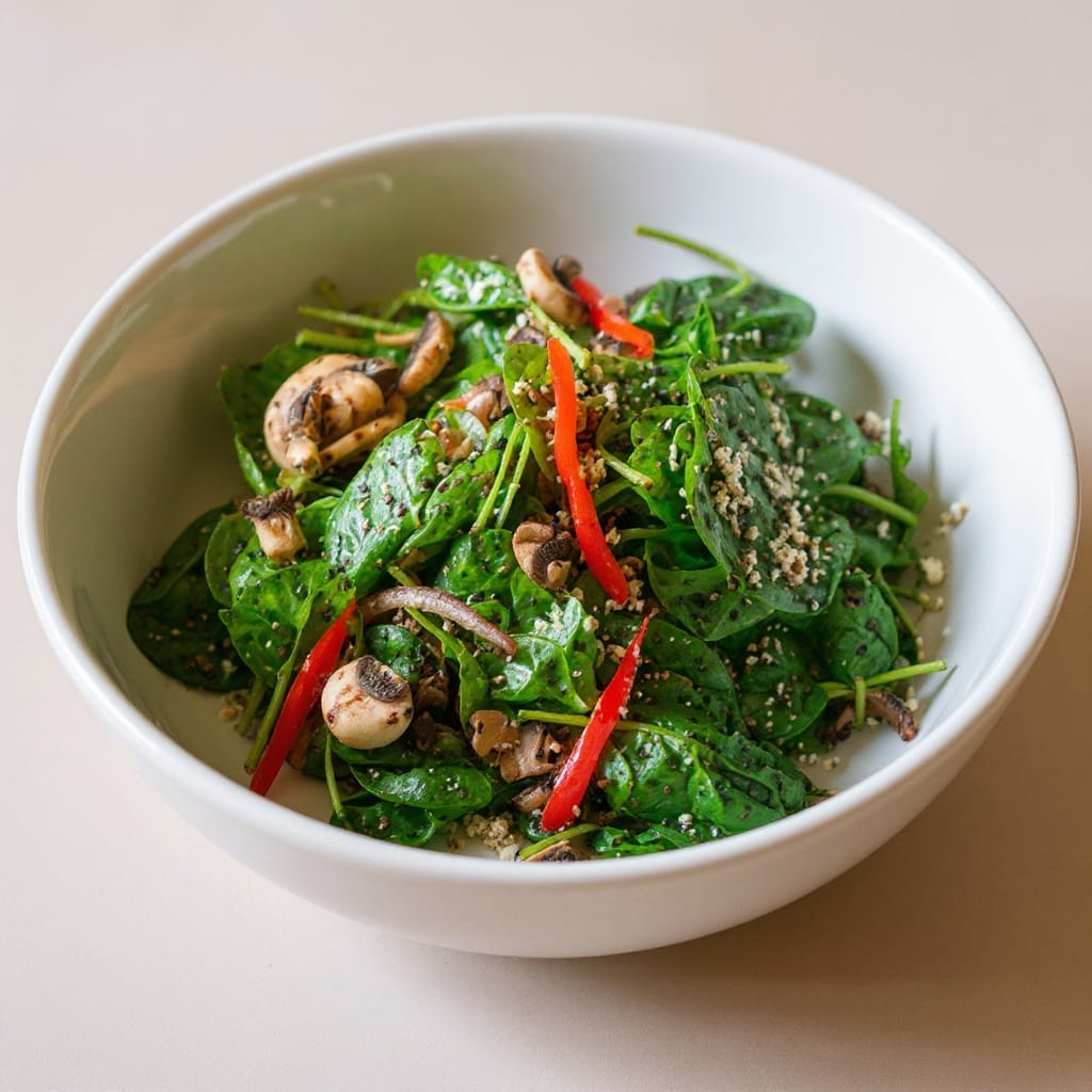 A fresh spinach feta salad with mushrooms and red peppers in a white bowl from Aladdin Mediterranean catering Houston.