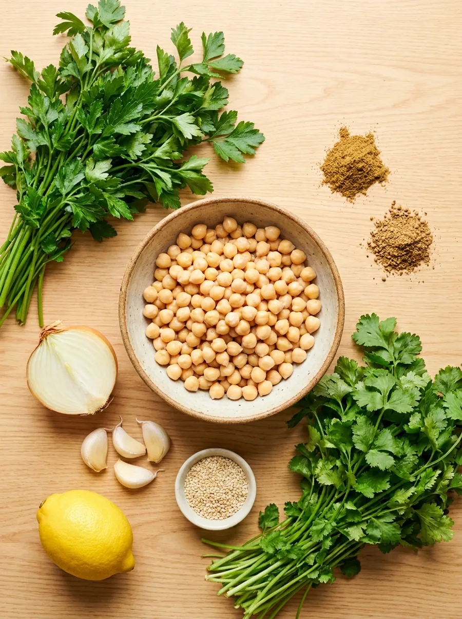 Ingredients for falafel: soaked chickpeas, parsley, cilantro, onion, garlic, lemon, cumin, coriander and sesame