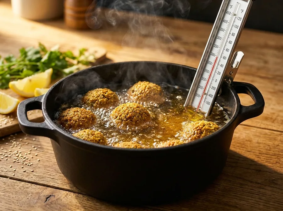 falafel frying in golden oil with a thermometer reading the temperature