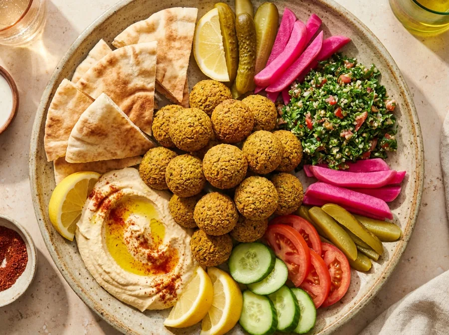 falafel mezze platter with hummus, tabbouleh, pita, pickled turnips, pickles, tomato and cucumber