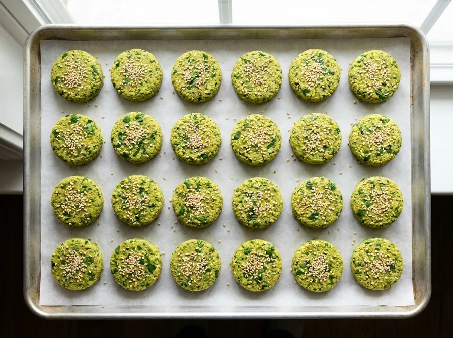 Raw shaped falafel patties on a tray before frying