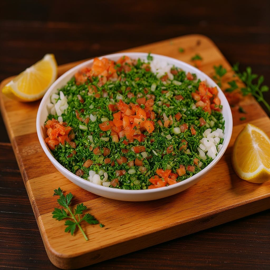 Vibrant Tabouli salad with fresh parsley, tomato, and lemon, a healthy option from Aladdin Mediterranean catering Houston.